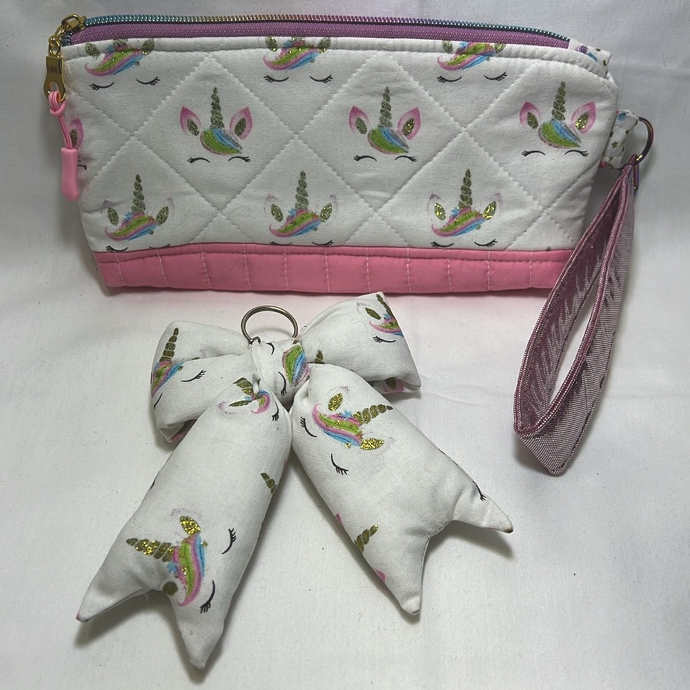 Handmade Quilted Pink & White Unicorn Design Clutch/ Pencil Holder